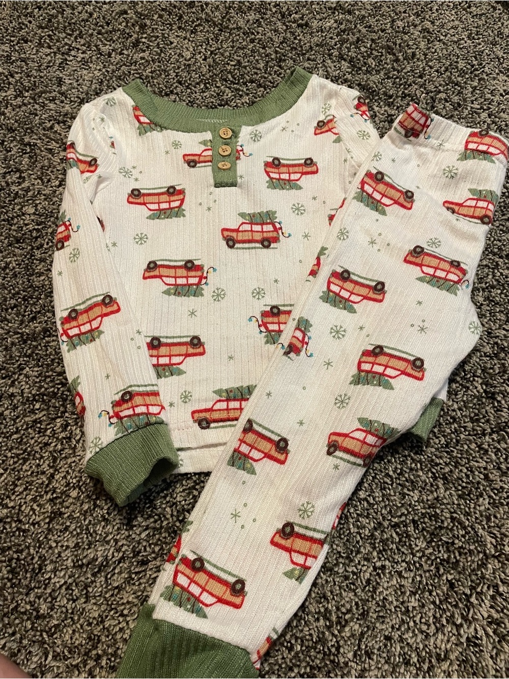 Holiday Car Print Two-Piece Pajama Set - Green Trim